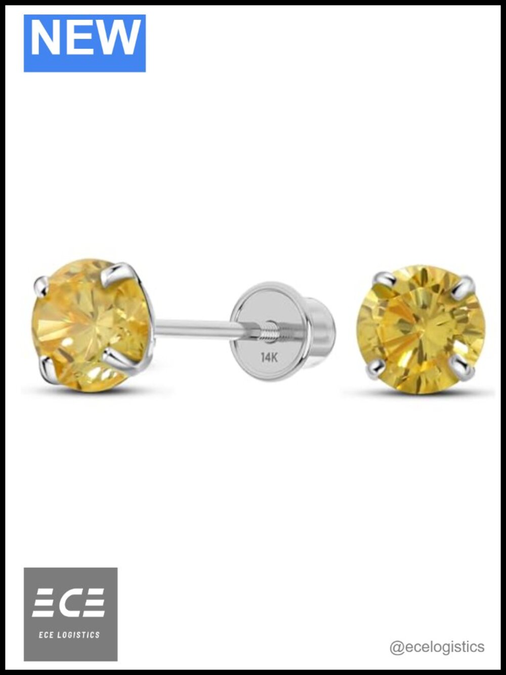 Solid 14K White Gold Simulated Birthstone Stud Earrings Screw Back